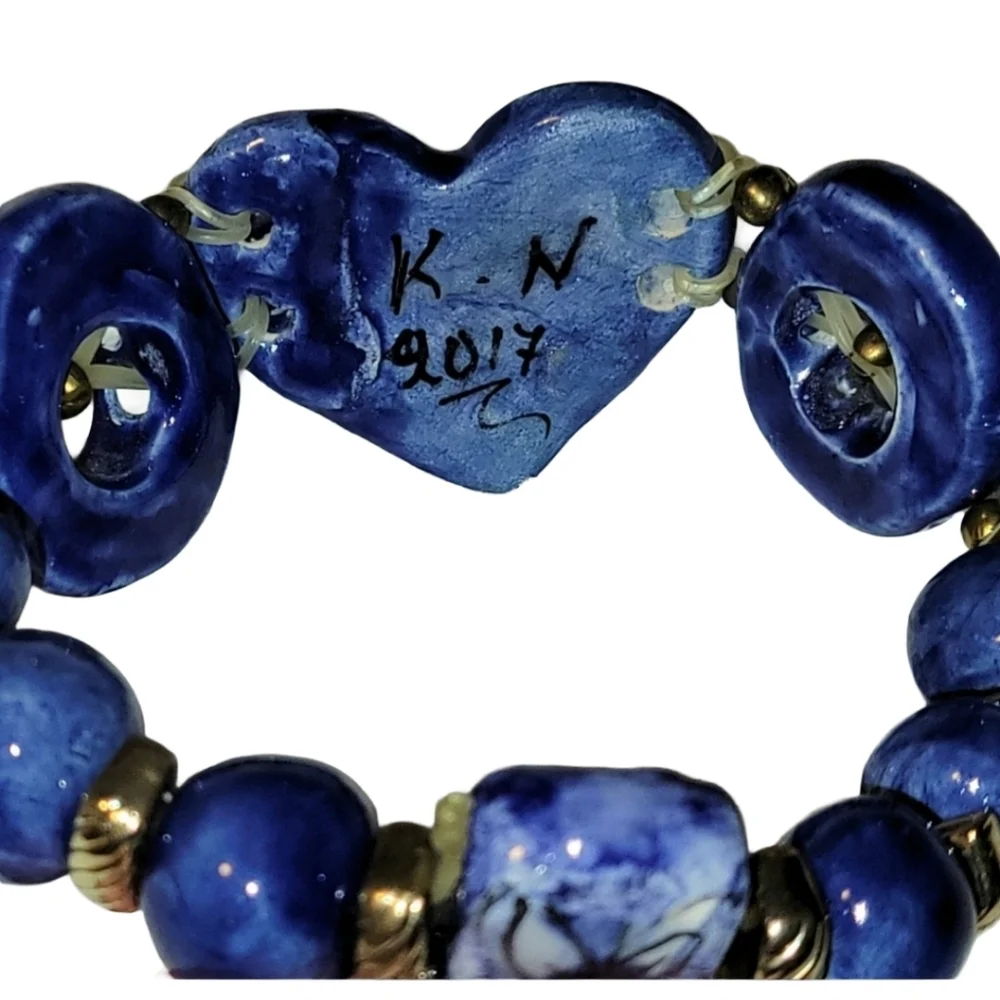 Hand Crafted Blue Ceramic And Gold Bead Heart Bracelet For Small Hands/Wrists